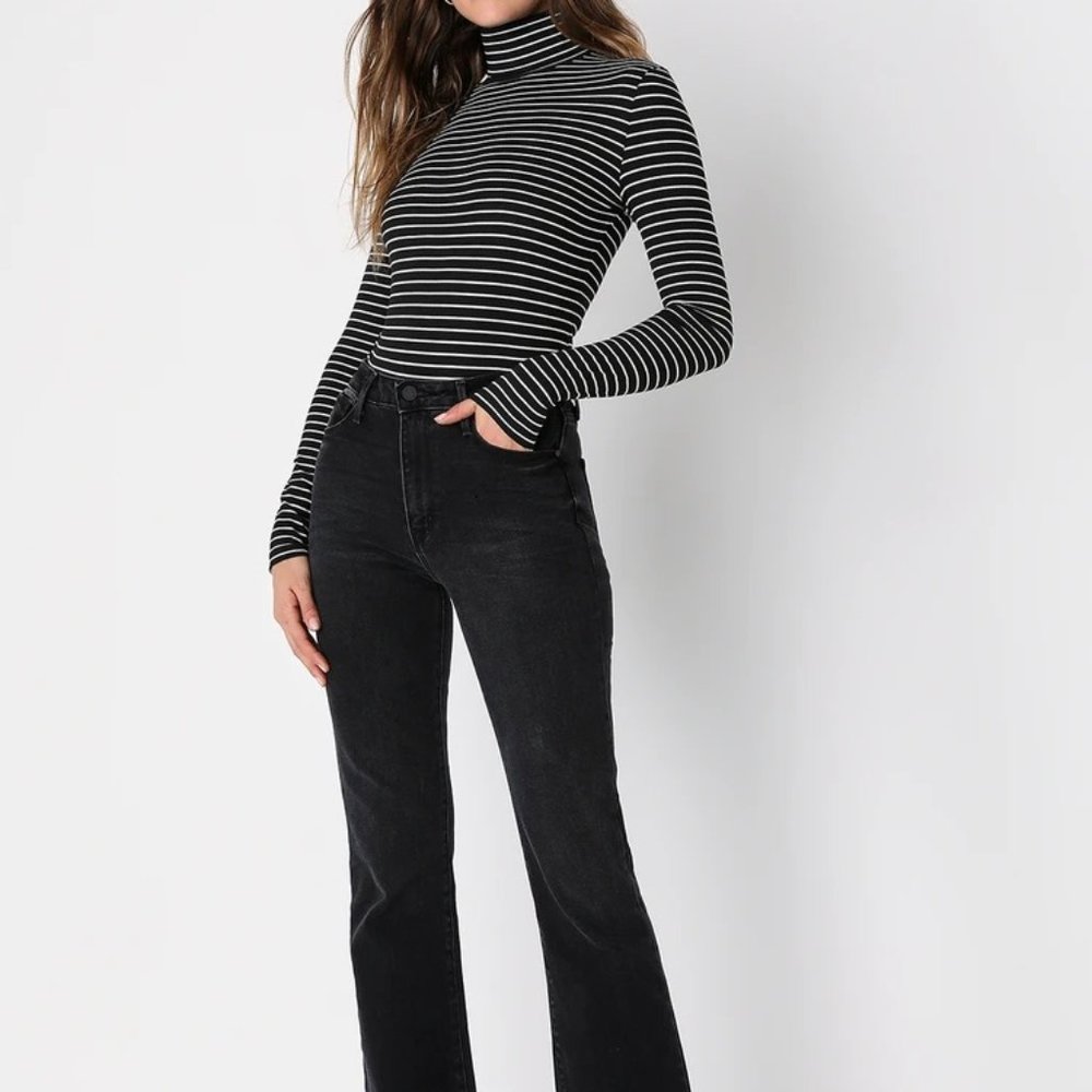 Zara Cropped Striped Slim Fit Viscose Parisian Turtleneck Top